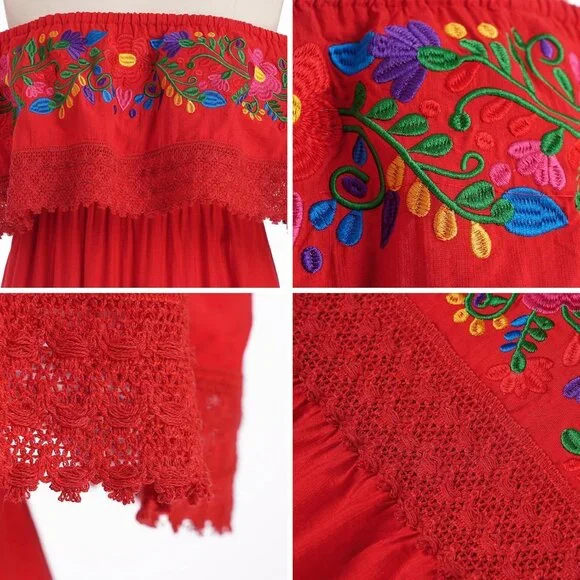 Mexican Embroidered Off-Shoulder Maxi Dress Floral Ruffle Party Summer